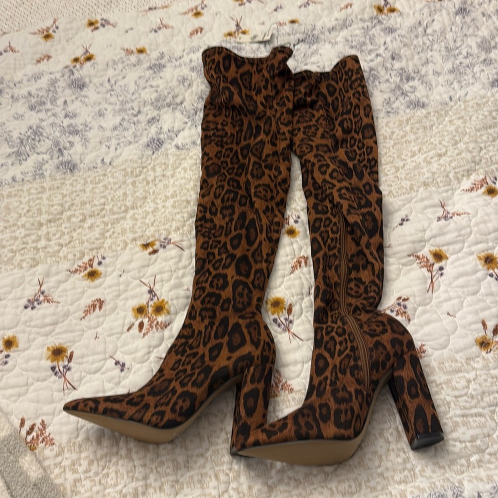 Express Leopard-Print Over-the-Knee Boots in Brown and Black
